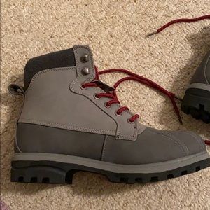 Gray and Maroon Boots